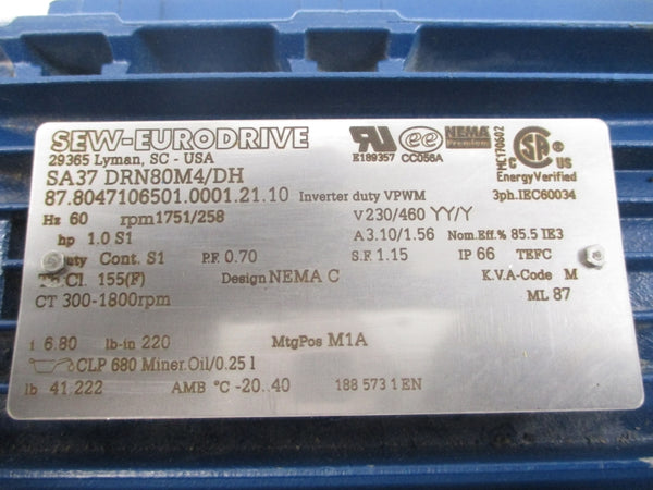 SEW-EURODRIVE SA37DRN80M4/DH 230/460V 3.10/1.56A NSNP