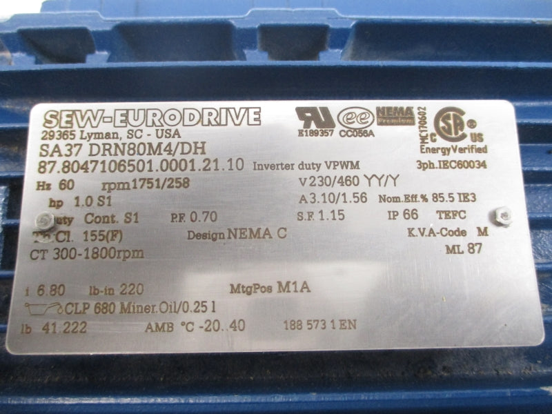 SEW-EURODRIVE SA37DRN80M4/DH 230/460V 3.10/1.56A NSNP