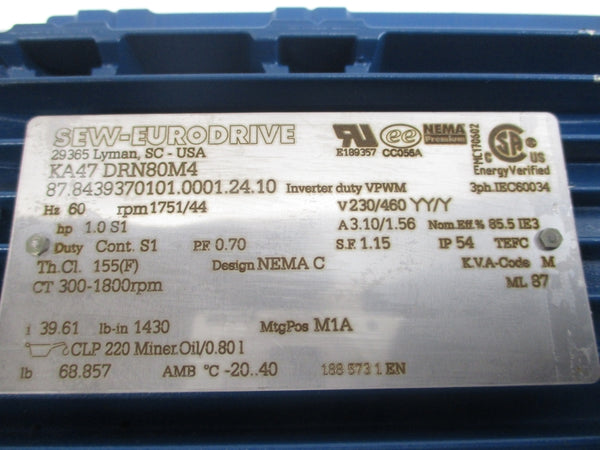 SEW-EURODRIVE KA47DRN80M4 230/460V 3.10/1.56A NSNP