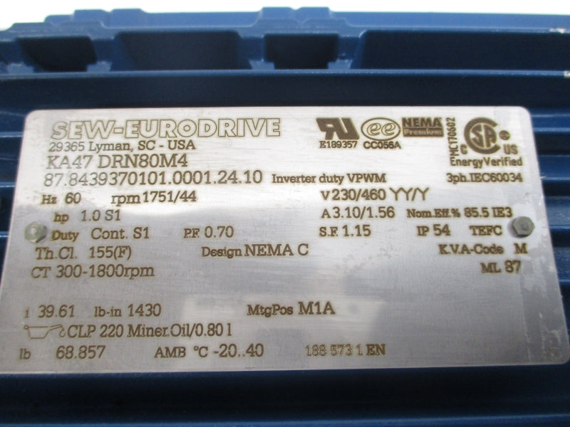 SEW-EURODRIVE KA47DRN80M4 230/460V 3.10/1.56A NSNP