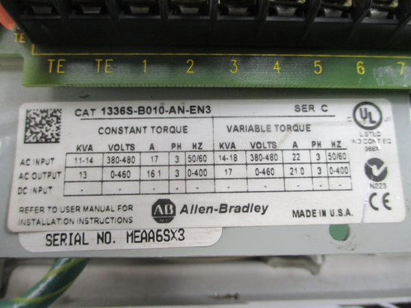ALLEN BRADLEY 1336S-B010-AN-EN3 SER. C 380-480V 16.1/17A (MISSING COVER) UNMP