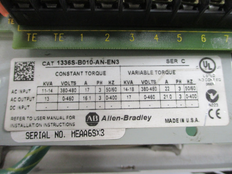 ALLEN BRADLEY 1336S-B010-AN-EN3 SER. C 380-480V 16.1/17A (MISSING COVER) UNMP
