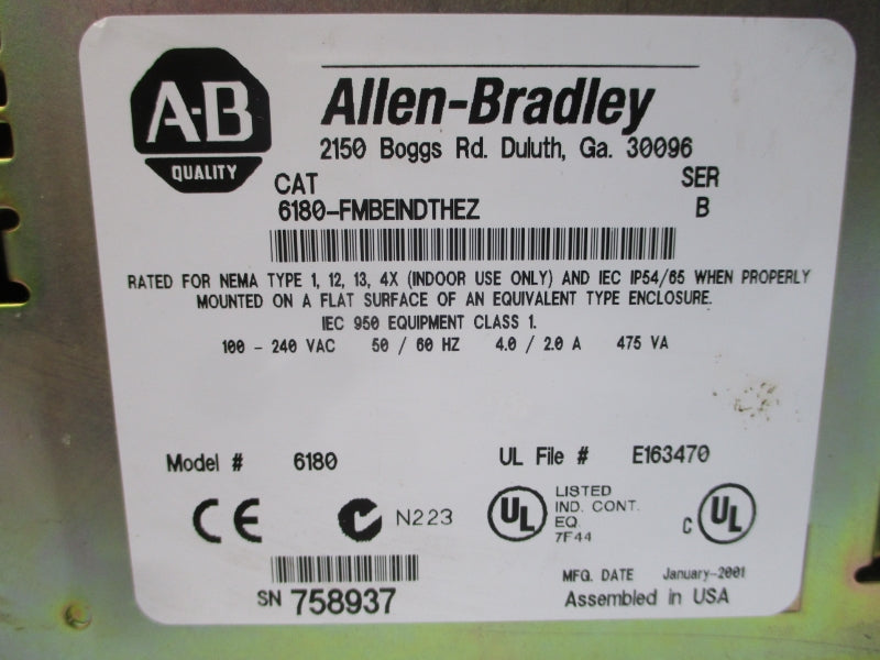 ALLEN BRADLEY 6180-FMBEINDTHEZ SER. B 100-240VAC 4.0/2.0A NSNP