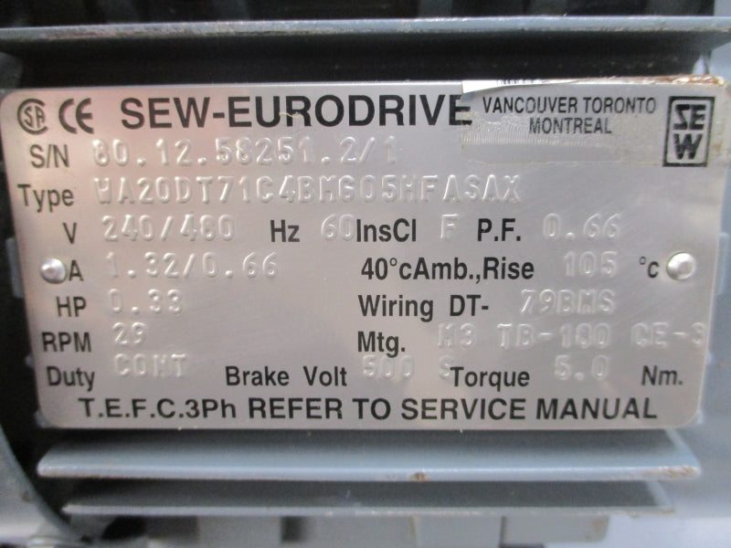 SEW-EURODRIVE WA20DT71C4BMG05HFASAX 240/480V 1.32/0.66A NSNP