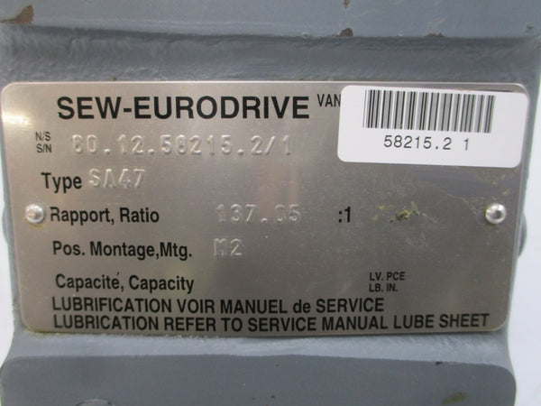 SEW-EURODRIVE SA47DT71C4BMG05HFASAX 240/480V 1.32/0.66A 137.05:1 NSNP