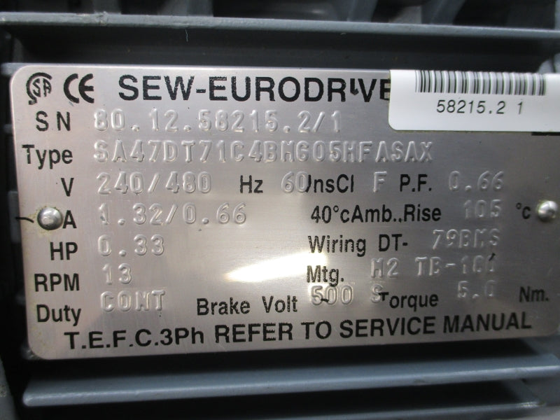 SEW-EURODRIVE SA47DT71C4BMG05HFASAX 240/480V 1.32/0.66A 137.05:1 NSNP