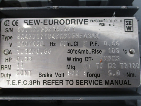 SEW-EURODRIVE SA47DT71C4BMG05HFASAX 240/480V 1.32/0.66A 158.12:1 NSNP