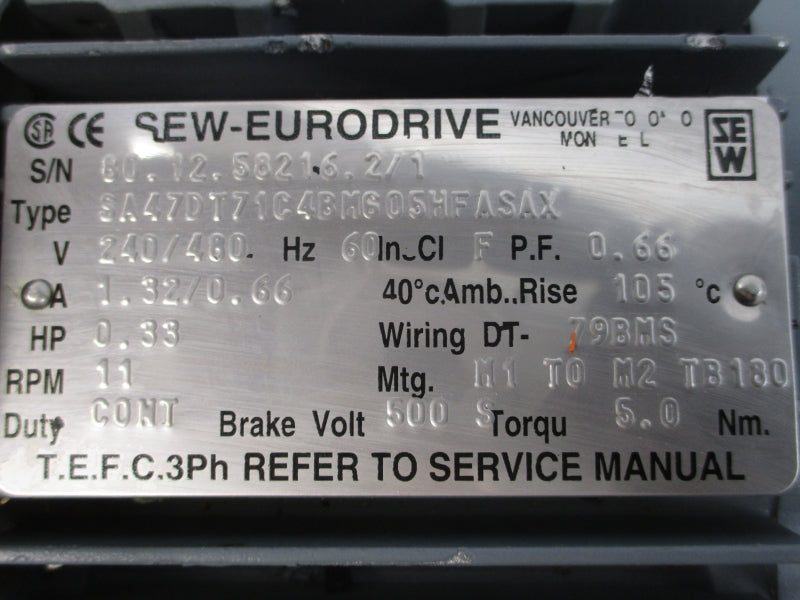 SEW-EURODRIVE SA47DT71C4BMG05HFASAX 240/480V 1.32/0.66A 158.12:1 NSNP