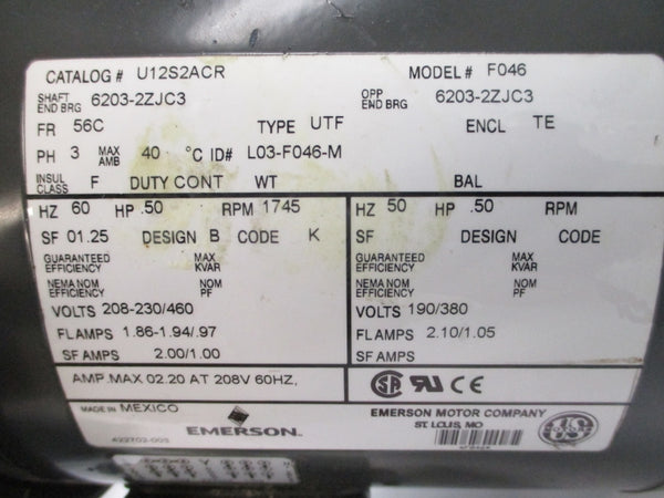 US MOTORS U12S2ACR F046 208-230/460V 1.86-1.94/.97A NSNP