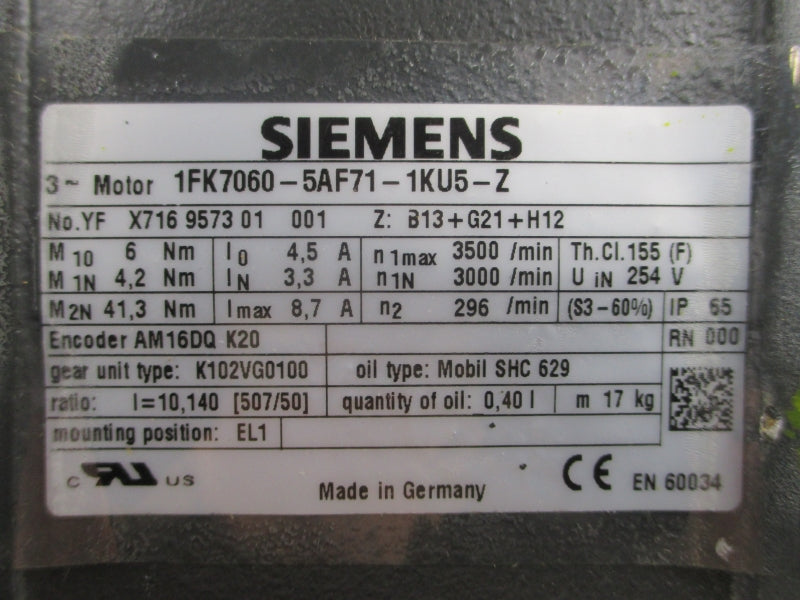 SIEMENS 1FK7060-5AF71-1KU5-Z 254V 4.5/3.3A NSNP