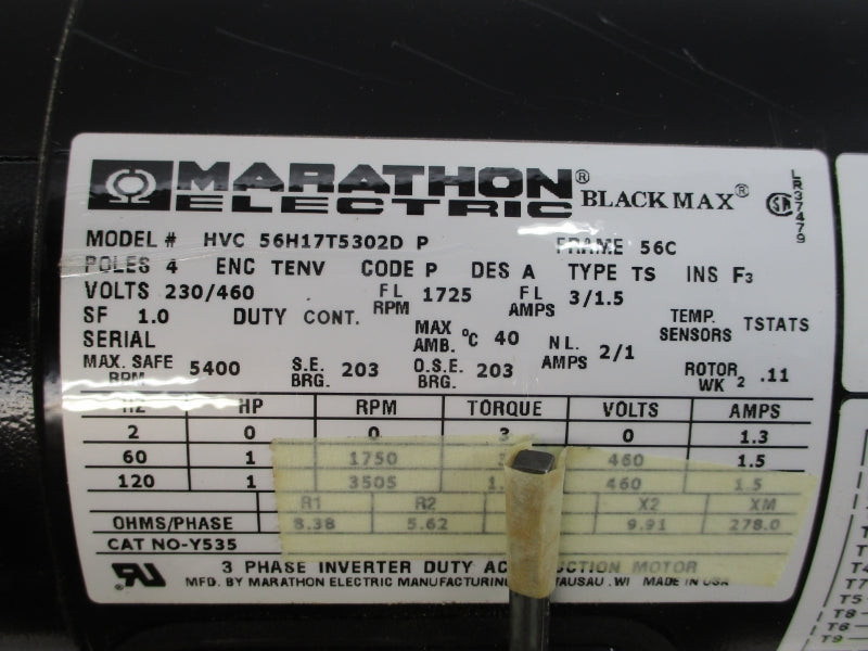 MARATHON ELECTRIC 056H17T5302D 230/460V 3/1.5A NSMP