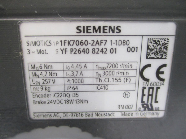 SIEMENS 1FK7060-2AF71-1DB0 257V 4.45/3.7A NSNP