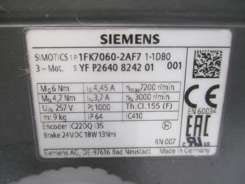 SIEMENS 1FK7060-2AF71-1DB0 257V 4.45/3.7A NSNP