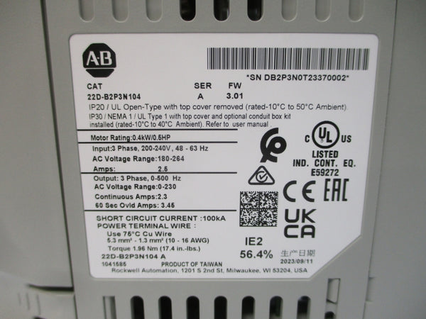 ALLEN BRADLEY 22D-B2P3N104 SER. A F/W 3.01 200-240VAC 2.5A NSMP