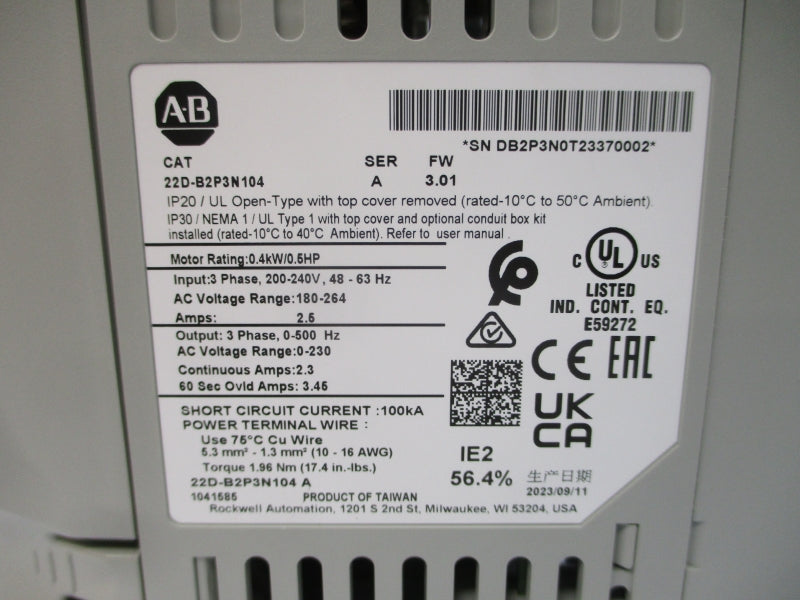 ALLEN BRADLEY 22D-B2P3N104 SER. A F/W 3.01 200-240VAC 2.5A NSMP