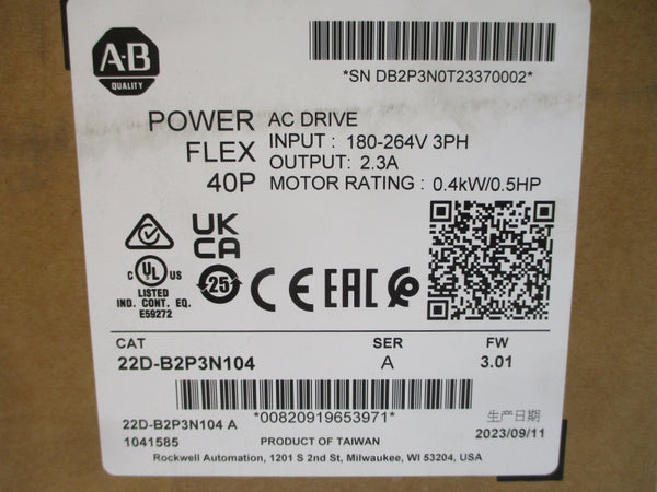 ALLEN BRADLEY 22D-B2P3N104 SER. A F/W 3.01 200-240VAC 2.5A NSMP