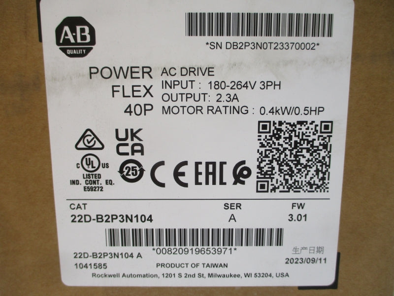 ALLEN BRADLEY 22D-B2P3N104 SER. A F/W 3.01 200-240VAC 2.5A NSMP