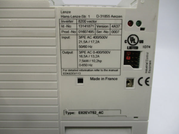 LENZE E82EV752K4C 400/500VAC 21.5/17.2A NSMP