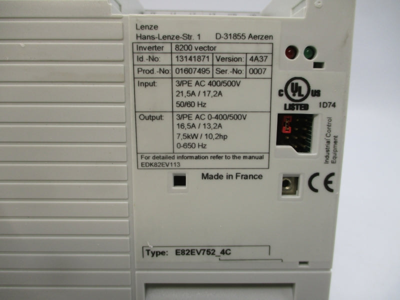 LENZE E82EV752K4C 400/500VAC 21.5/17.2A NSMP