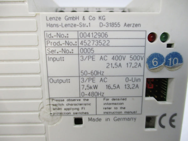 LENZE E82EV752K4B000XXPG14 00412906 400/500VAC 21.5-17.2A UNMP