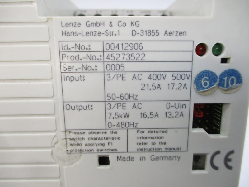 LENZE E82EV752K4B000XXPG14 00412906 400/500VAC 21.5-17.2A UNMP