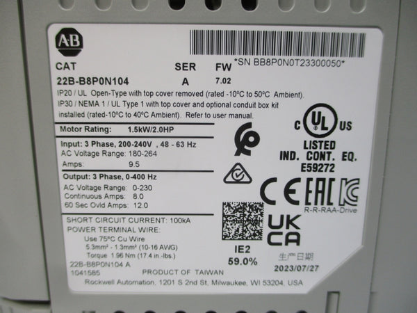 ALLEN BRADLEY 22B-B8P0N104 SER. A F/W 7.02 180-264VAC 9.5A NSMP