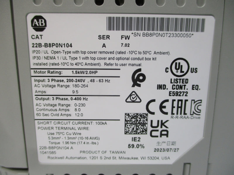 ALLEN BRADLEY 22B-B8P0N104 SER. A F/W 7.02 180-264VAC 9.5A NSMP
