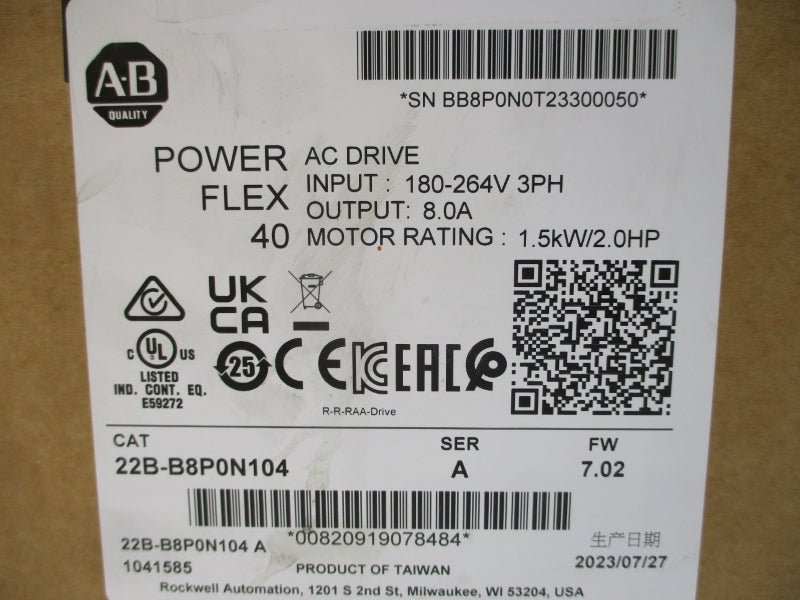ALLEN BRADLEY 22B-B8P0N104 SER. A F/W 7.02 180-264VAC 9.5A NSMP