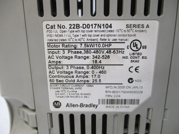 ALLEN BRADLEY 22B-D017N104 SER. A F/W 2.04 342-528VAC 18.4A UNMP