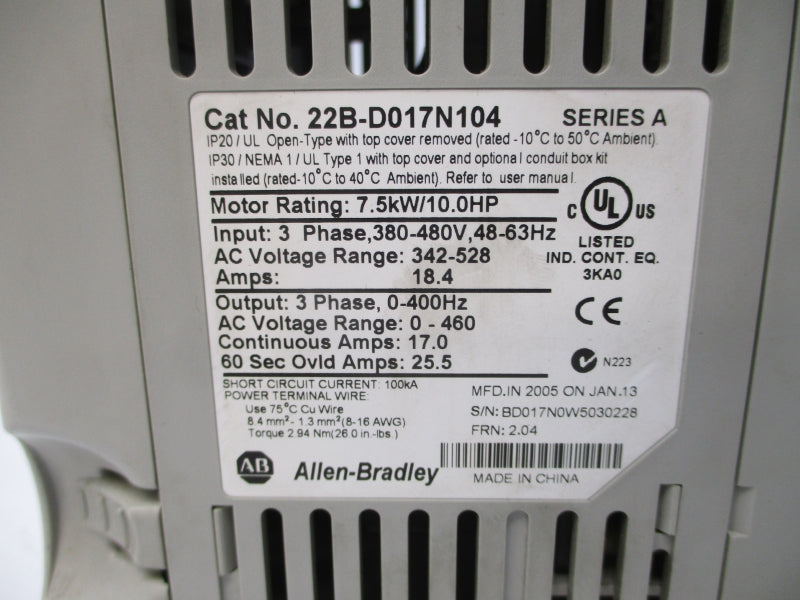 ALLEN BRADLEY 22B-D017N104 SER. A F/W 2.04 342-528VAC 18.4A UNMP