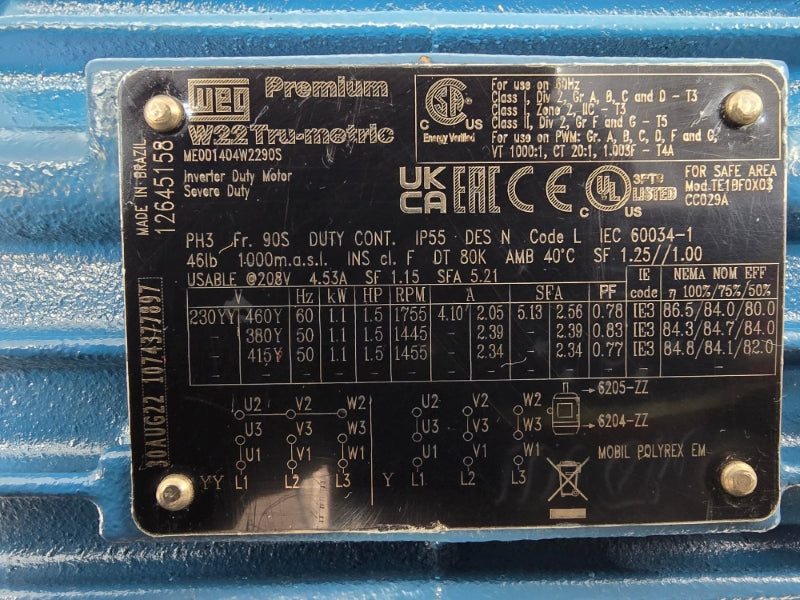 WEG 1074377897 ME001404W2290S 230/460V 2.05/4.10A NSNP