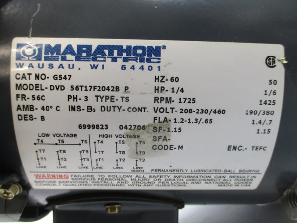 MARATHON ELECTRIC G547 DVD56T17F2042BP 208-230/460V 1.2-1.3/.65A NSNP
