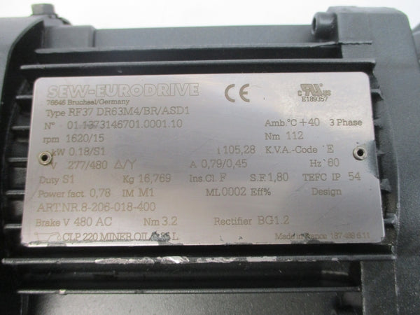 SEW-EURODRIVE RF37DR63M4/BR/ASD1 277/480V 0.79/0.45A NSNP