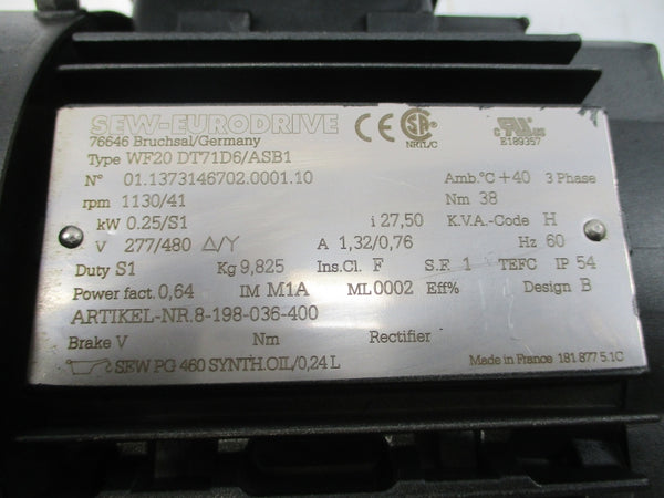 SEW-EURODRIVE WF20DT71D6/ASB1 277/480V 1.32/0.76A NSNP