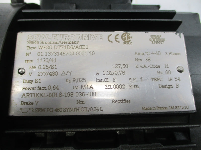 SEW-EURODRIVE WF20DT71D6/ASB1 277/480V 1.32/0.76A NSNP