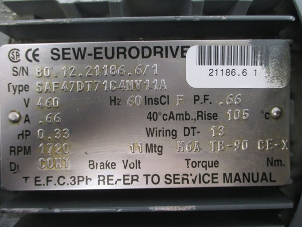 SEW-EURODRIVE SAF47DT71C4NV11A 460V .66A NSNP