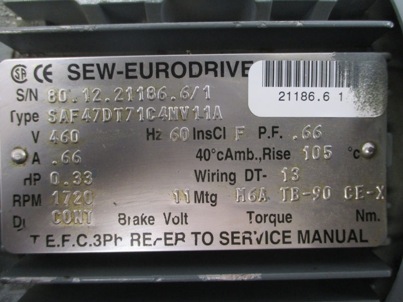 SEW-EURODRIVE SAF47DT71C4NV11A 460V .66A NSNP