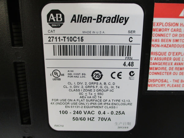 ALLEN BRADLEY 2711-T10C15 SER. C F/W 4.48 100-240VAC 0.4-0.25A (AS PICTURED) NSNP