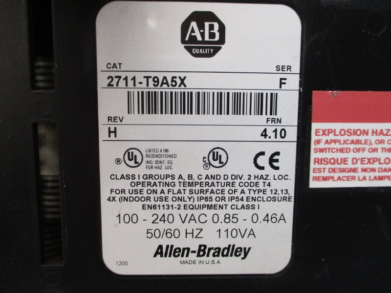 ALLEN BRADLEY 2711-T9A5X SER. F F/W 4.10 100-240VAC 0.85-0.46A REV. H UNMP