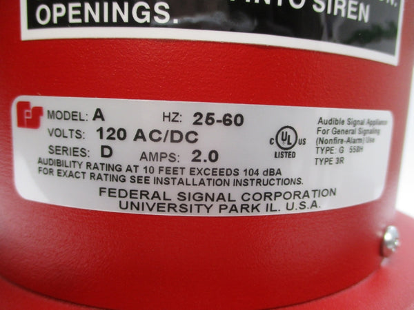 FEDERAL SIGNAL MODEL A SER. D 120VAC/DC 2.0A NSNP