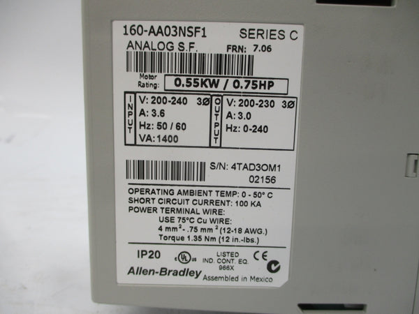 ALLEN BRADLEY 160-AA03NSF1 SER. C F/W 7.06 200-240V 3.6A NSMP