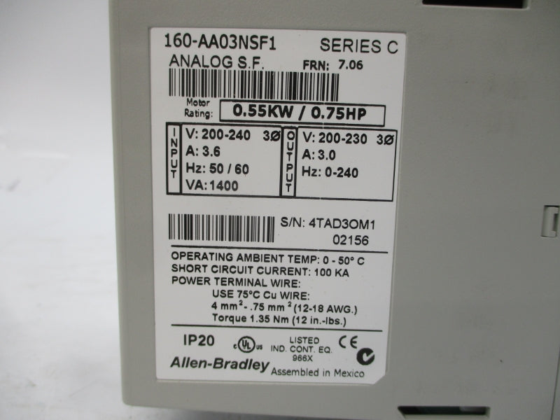 ALLEN BRADLEY 160-AA03NSF1 SER. C F/W 7.06 200-240V 3.6A NSMP