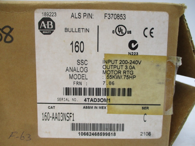 ALLEN BRADLEY 160-AA03NSF1 SER. C F/W 7.06 200-240V 3.6A NSMP