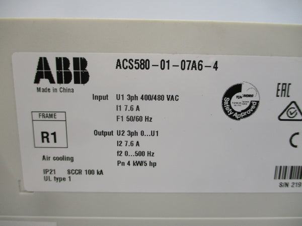 ABB ACS580-01-07A6-4 400/480VAC 7.6A NSMP