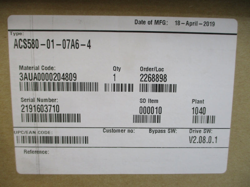 ABB ACS580-01-07A6-4 400/480VAC 7.6A NSMP