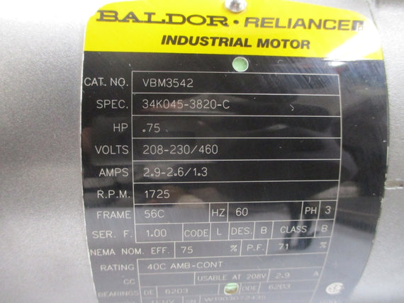 BALDOR VBM3542 34K045-3820-C 208-230/460V 2.9-2.6/1.3A NSNP