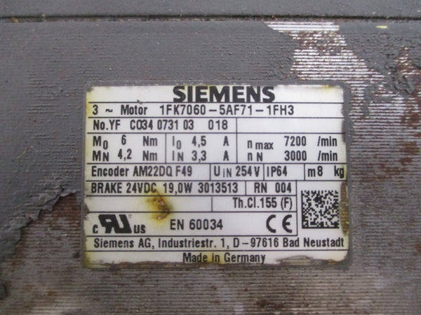 SIEMENS 1FK7060-5AF71-1FH3 254V 4.5/3.3A UNMP