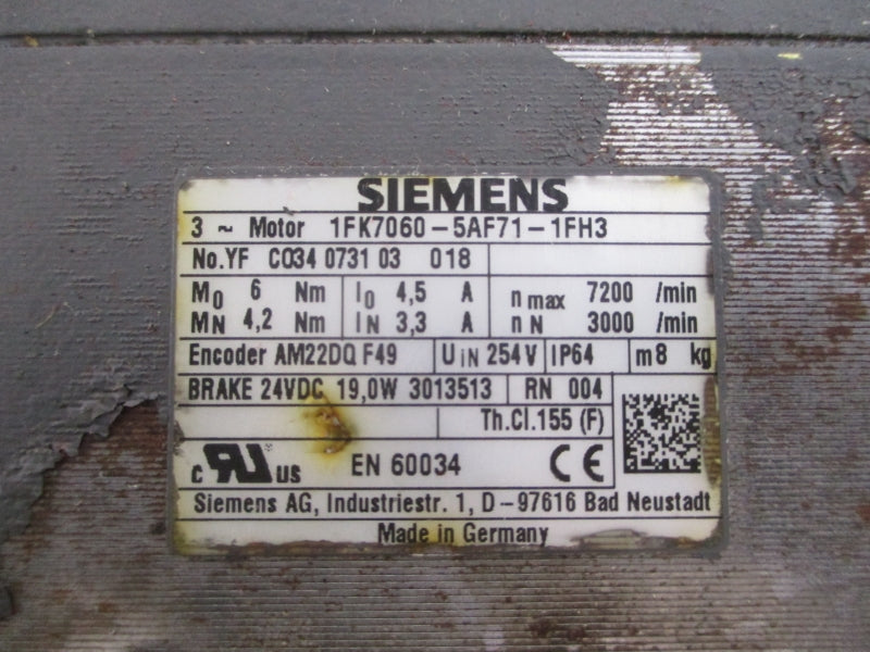 SIEMENS 1FK7060-5AF71-1FH3 254V 4.5/3.3A UNMP