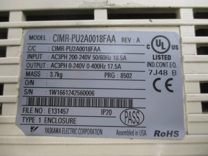 YASKAWA ELECTRIC CIMR-PU2A0018FAA 200-240VAC 18.5A REV. A UNMP