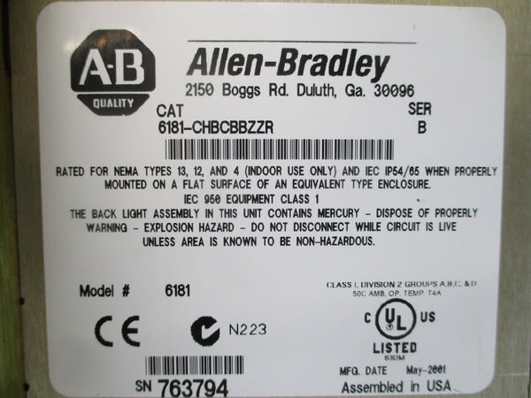 ALLEN BRADLEY 6181-CHBCBBZZR SER. B 100-120/200-240VAC 3.3/1.7A UNMP